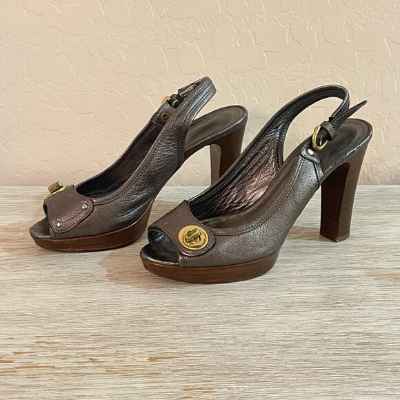Coach 6.5 Kiera Platform Heels Peeptoe Slingback Metallic Pewter Gunmetal - Picture 1 of 14